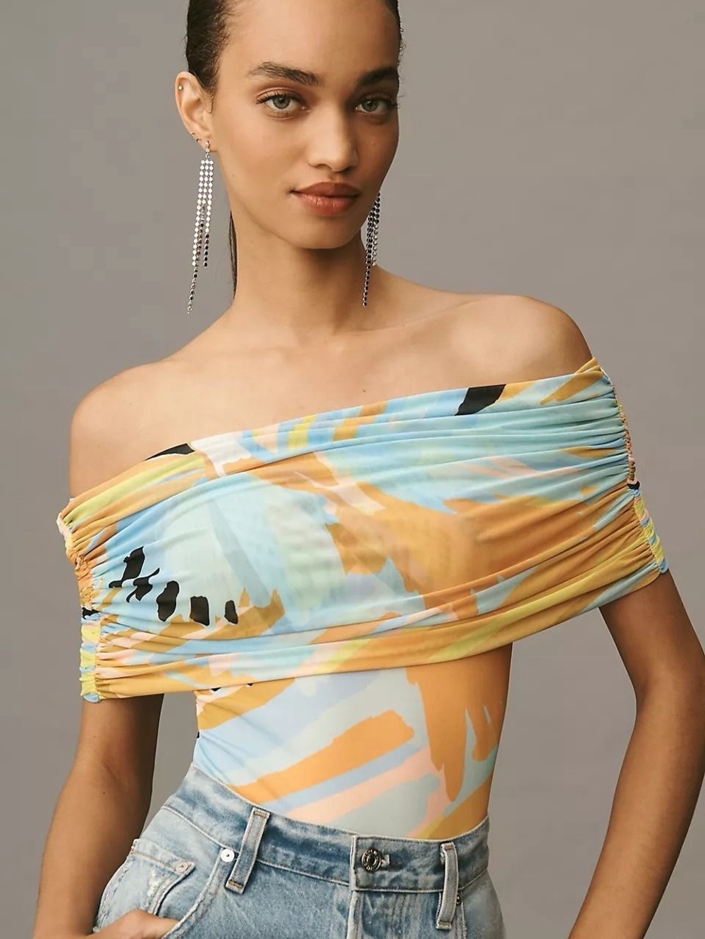 AFRM x Anthropologie Off-the-Shoulder Abstract Peacock Print Bodysuit